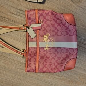 Coach Pink and Tan Shoulder Bag with Monogram Pattern